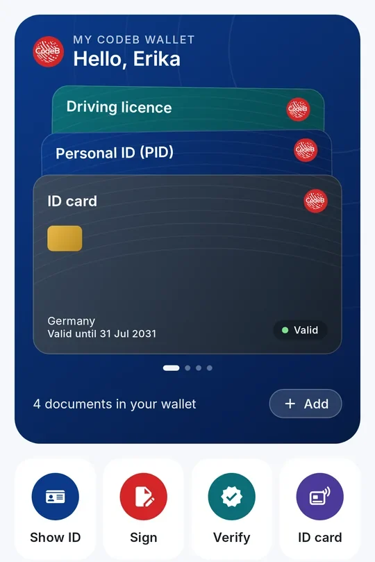 CodeB Wallet Startbildschirm auf Android mit einem gespeicherten digitalen Ausweis (EUDI)