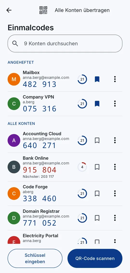 CodeB Wallet eingebauter Authenticator &mdash; sechsstellige Einmalcodes (TOTP) f&uuml;r die Zwei-Schritt-Anmeldung