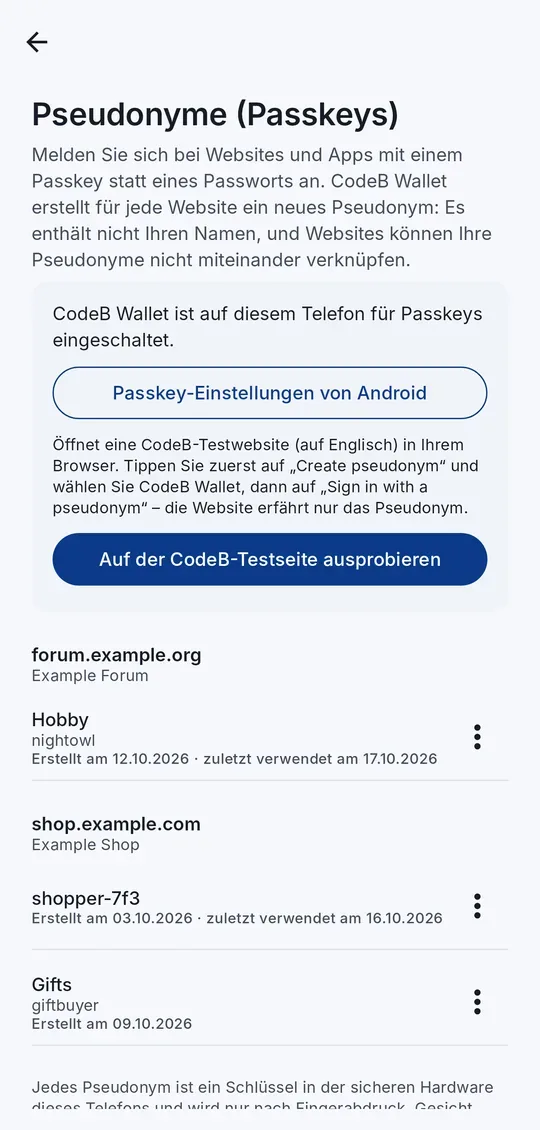 CodeB Wallet Passkeys &mdash; ein eigenes Pseudonym pro Website (W3C WebAuthn)
