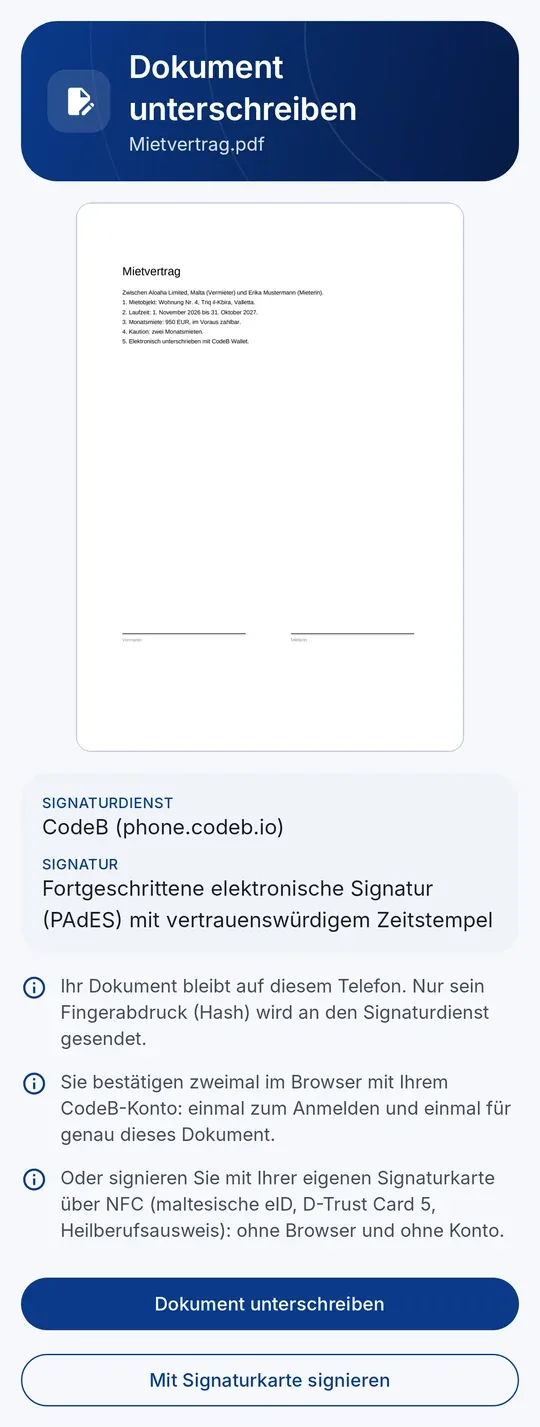 PDF in CodeB Wallet signieren &mdash; Signaturkarte &uuml;ber NFC oder den CodeB-Signaturdienst w&auml;hlen